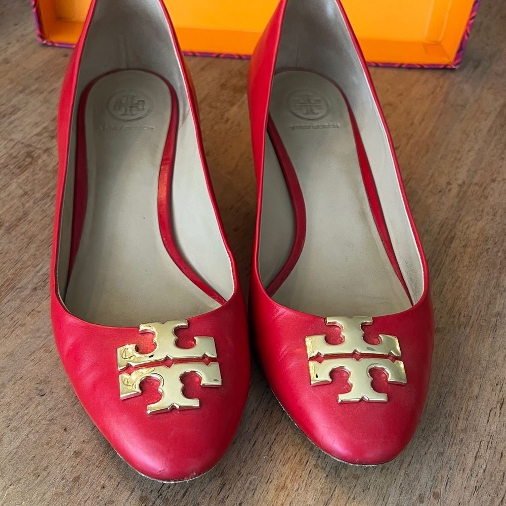 Tory Burch Red Kitten Heels with Gold Logo